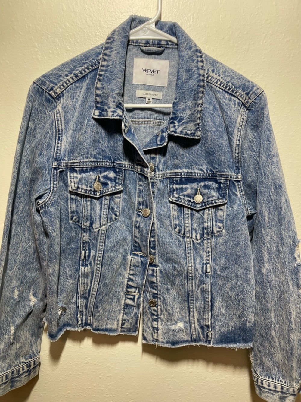 Vervet Los Angeles Oversized Crop Fit Denim Jacket, light blue wash distressed